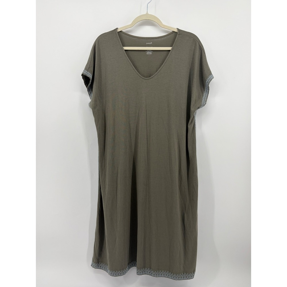 Pure Jill Womens‎ L Olive Green T-Shirt Dress Relaxed Embroidered V-Neck Midi